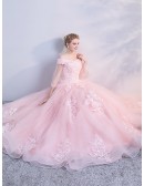 Soft Pink Princess Wedding Dress - Long Ball Gown With Sheer Sleeves And Floral Lace Detail