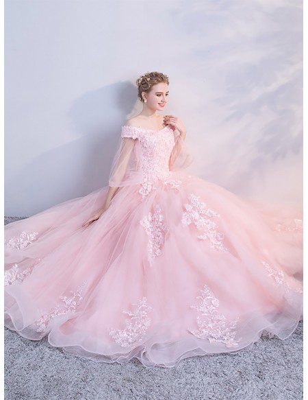 Soft Pink Princess Wedding Dress - Long Ball Gown With Sheer Sleeves And Floral Lace Detail
