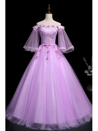 Light Purple Wedding Dress For Bride - Beautiful Ball Gown With Sheer Bell Sleeves