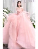 Dreamy Blush Pink Tulle Ball Gown Wedding Dress | Strapless Bridal Gown With Puffy Skirt