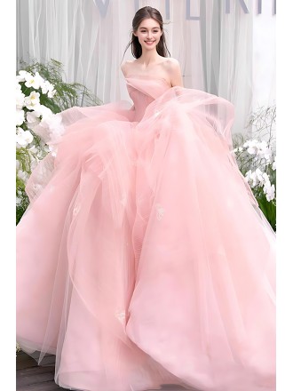 Dreamy Blush Pink Tulle Ball Gown Wedding Dress | Strapless Bridal Gown With Puffy Skirt