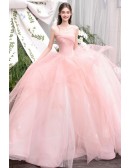 Dreamy Blush Pink Tulle Ball Gown Wedding Dress | Strapless Bridal Gown With Puffy Skirt