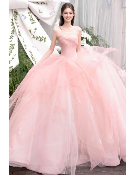 Dreamy Blush Pink Tulle Ball Gown Wedding Dress | Strapless Bridal Gown With Puffy Skirt