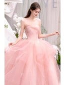 Dreamy Blush Pink Tulle Ball Gown Wedding Dress | Strapless Bridal Gown With Puffy Skirt