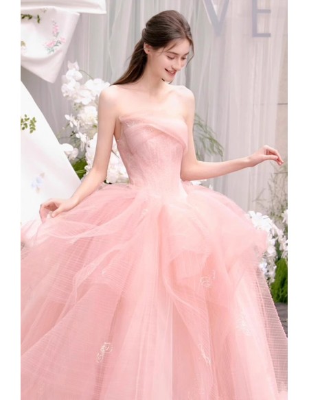 Dreamy Blush Pink Tulle Ball Gown Wedding Dress | Strapless Bridal Gown With Puffy Skirt