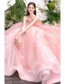 Dreamy Blush Pink Tulle Ball Gown Wedding Dress | Strapless Bridal Gown With Puffy Skirt