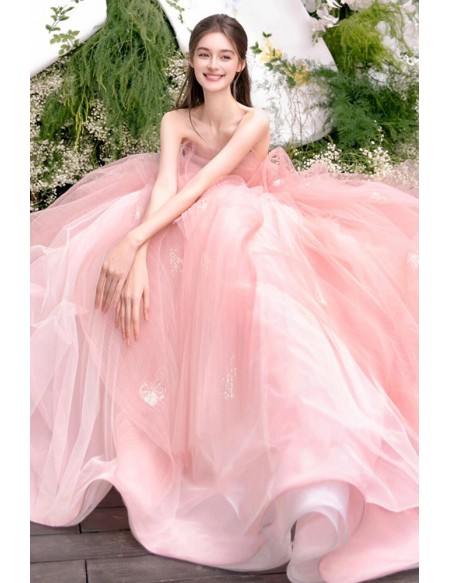 Dreamy Blush Pink Tulle Ball Gown Wedding Dress | Strapless Bridal Gown With Puffy Skirt