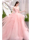 Dreamy Blush Pink Tulle Ball Gown Wedding Dress | Strapless Bridal Gown With Puffy Skirt