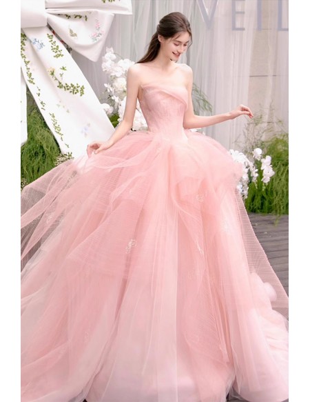 Dreamy Blush Pink Tulle Ball Gown Wedding Dress | Strapless Bridal Gown With Puffy Skirt