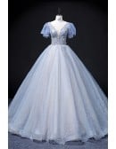 Pastel Blue Sequined Princess Wedding Dress - Long Blue Bridal Gown With Short Sleeves