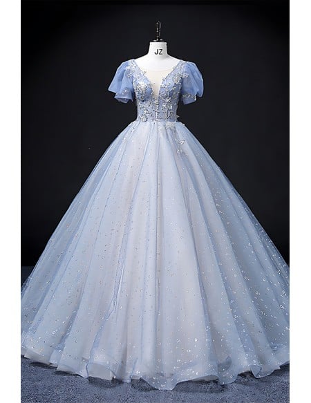 Pastel Blue Sequined Princess Wedding Dress - Long Blue Bridal Gown With Short Sleeves