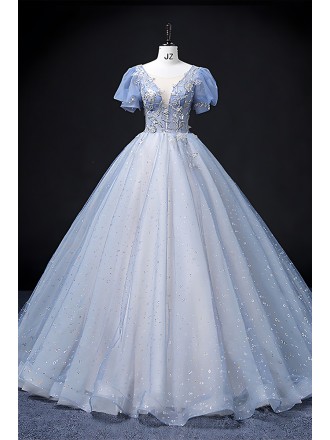 Pastel Blue Sequined Princess Wedding Dress - Long Blue Bridal Gown With Short Sleeves