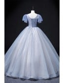 Pastel Blue Sequined Princess Wedding Dress - Long Blue Bridal Gown With Short Sleeves