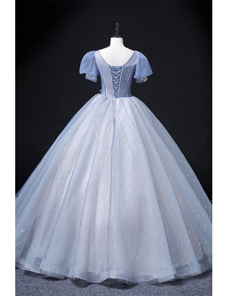 Pastel Blue Sequined Princess Wedding Dress - Long Blue Bridal Gown With Short Sleeves