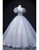 Pastel Blue Sequined Princess Wedding Dress - Long Blue Bridal Gown With Short Sleeves