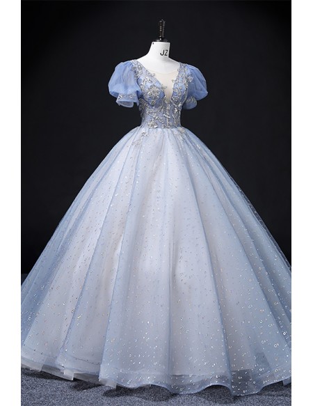 Pastel Blue Sequined Princess Wedding Dress - Long Blue Bridal Gown With Short Sleeves