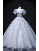 Pastel Blue Sequined Princess Wedding Dress - Long Blue Bridal Gown With Short Sleeves