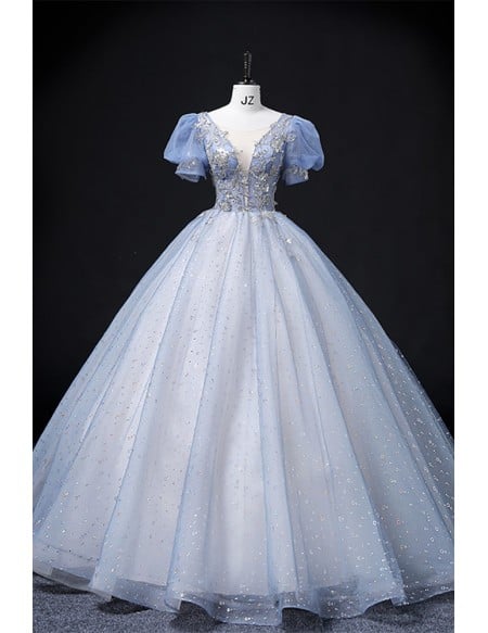 Pastel Blue Sequined Princess Wedding Dress - Long Blue Bridal Gown With Short Sleeves