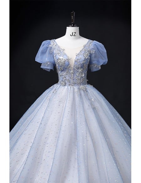 Pastel Blue Sequined Princess Wedding Dress - Long Blue Bridal Gown With Short Sleeves