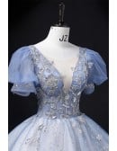 Pastel Blue Sequined Princess Wedding Dress - Long Blue Bridal Gown With Short Sleeves