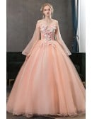 Off Shoulder Light Pink Princess Wedding Dress With Sheer Sleeves & 3d Flowers