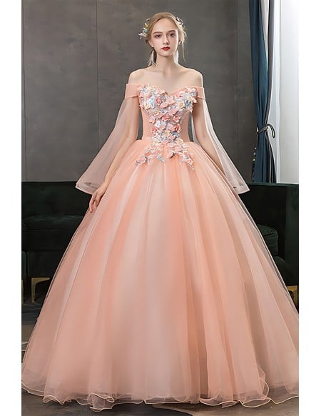 Off Shoulder Light Pink Princess Wedding Dress With Sheer Sleeves & 3d Flowers