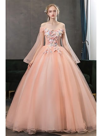 Off Shoulder Light Pink Princess Wedding Dress With Sheer Sleeves & 3d Flowers