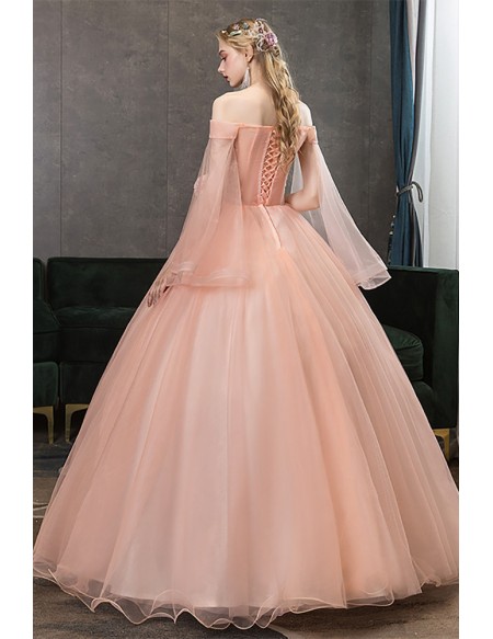 Off Shoulder Light Pink Princess Wedding Dress With Sheer Sleeves & 3d Flowers