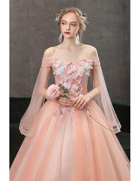 Off Shoulder Light Pink Princess Wedding Dress With Sheer Sleeves & 3d Flowers