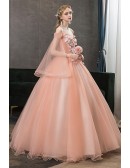 Off Shoulder Light Pink Princess Wedding Dress With Sheer Sleeves & 3d Flowers