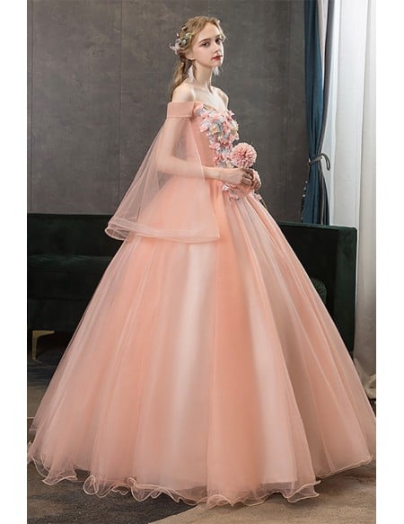 Off Shoulder Light Pink Princess Wedding Dress With Sheer Sleeves & 3d Flowers