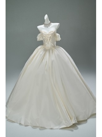 Champagne Colored Ball Gown Wedding Dress | Vintage Inspired Off-shoulder Satin Bridal Gown