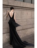 Formal Black Wedding Dress For Women - Modern Mermaid Silhouette With Train & Low Back Bow
