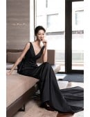 Formal Black Wedding Dress For Women - Modern Mermaid Silhouette With Train & Low Back Bow