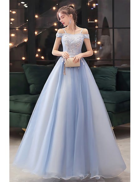 Pastel Blue Wedding Dress - Beautiful Off-shoulder Bridal Gown