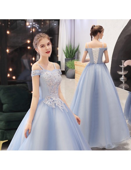 Pastel Blue Wedding Dress - Beautiful Off-shoulder Bridal Gown