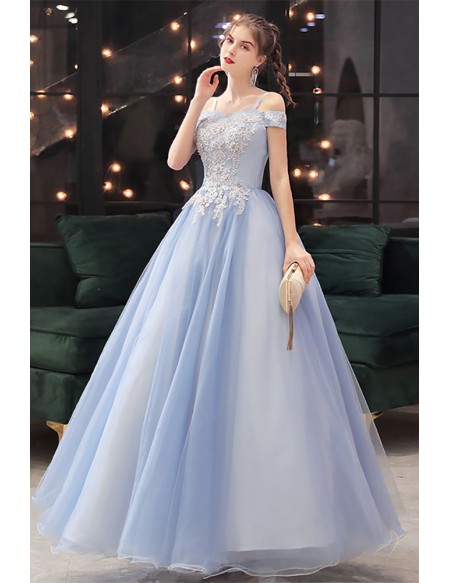 Pastel Blue Wedding Dress - Beautiful Off-shoulder Bridal Gown
