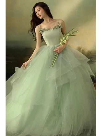 Light Green Princess Wedding Dress | Flowy Tulle Ball Gown With Ruffled Details
