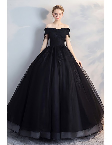 Beautiful Black Lace Wedding Dress - Ball Gown With Unique Tassel Sleeves
