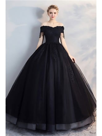 Beautiful Black Lace Wedding Dress - Ball Gown With Unique Tassel Sleeves