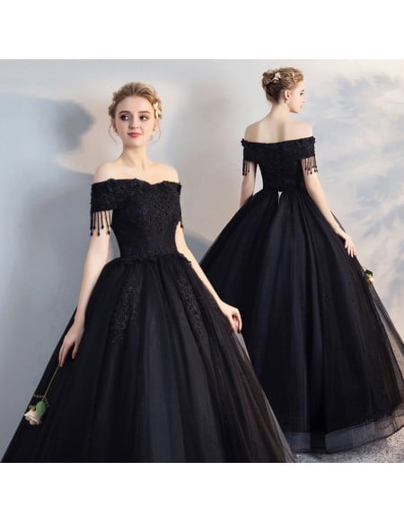 Beautiful Black Lace Wedding Dress - Ball Gown With Unique Tassel Sleeves