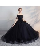 Beautiful Black Lace Wedding Dress - Ball Gown With Unique Tassel Sleeves