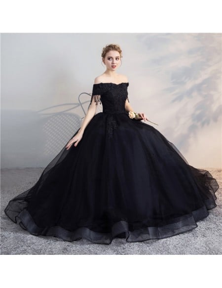 Beautiful Black Lace Wedding Dress - Ball Gown With Unique Tassel Sleeves