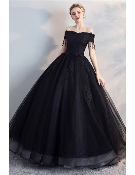 Beautiful Black Lace Wedding Dress - Ball Gown With Unique Tassel Sleeves