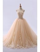 Elegant Champagne Wedding Dress - Strapless Sweetheart Ball Gown With Lace Appliques