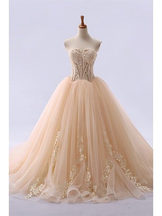 Elegant Champagne Wedding Dress - Strapless Sweetheart Ball Gown With Lace Appliques