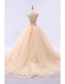 Elegant Champagne Wedding Dress - Strapless Sweetheart Ball Gown With Lace Appliques