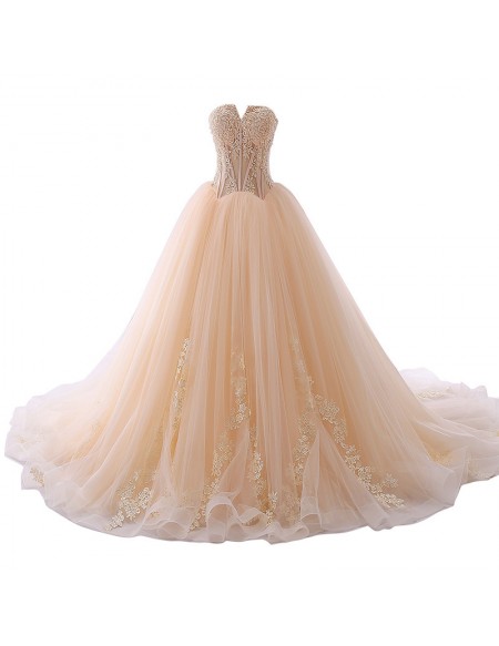 Elegant Champagne Wedding Dress - Strapless Sweetheart Ball Gown With Lace Appliques