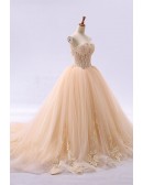 Elegant Champagne Wedding Dress - Strapless Sweetheart Ball Gown With Lace Appliques