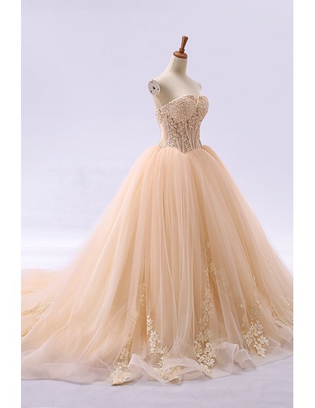 Elegant Champagne Wedding Dress - Strapless Sweetheart Ball Gown With Lace Appliques